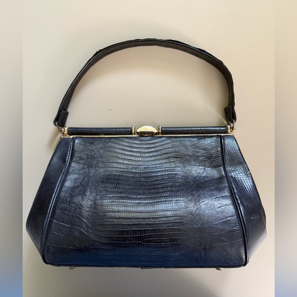 Vintage Handbags - Vintage, 50’s, 60s, black, lizard skin bag, rockabilly, handbag.